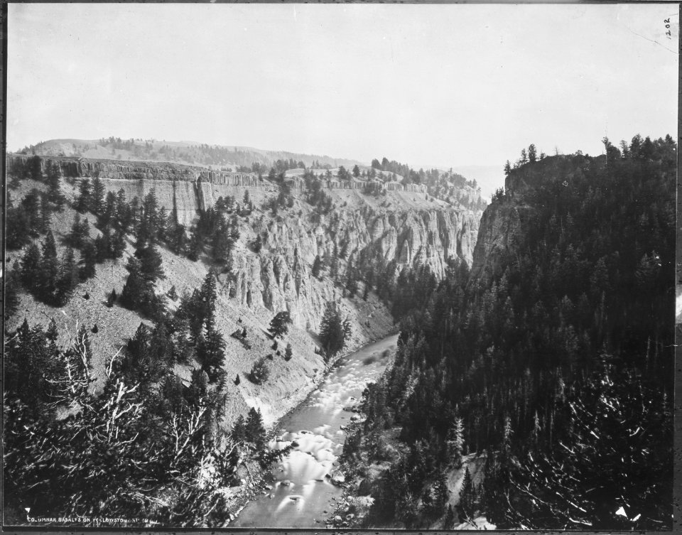 Columnar basalts capping brink of Yellowstone Canyon, Tower Falls. Yellowstone National Park. - NARA - 517645