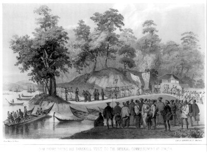 Com. Perry paying his farewell visit to the Imperial commissioners at Simoda - from nature by Heine ; lith. of Sarony & Co., New York. LCCN2005691615
