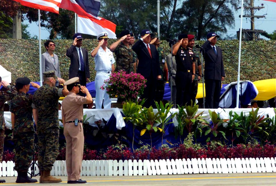 Commanders and dignitaries from the participating countries stand on the platform during the opening ceremony for Exercise COBRA GOLD 2003 at Utapao National Airport, Thailand