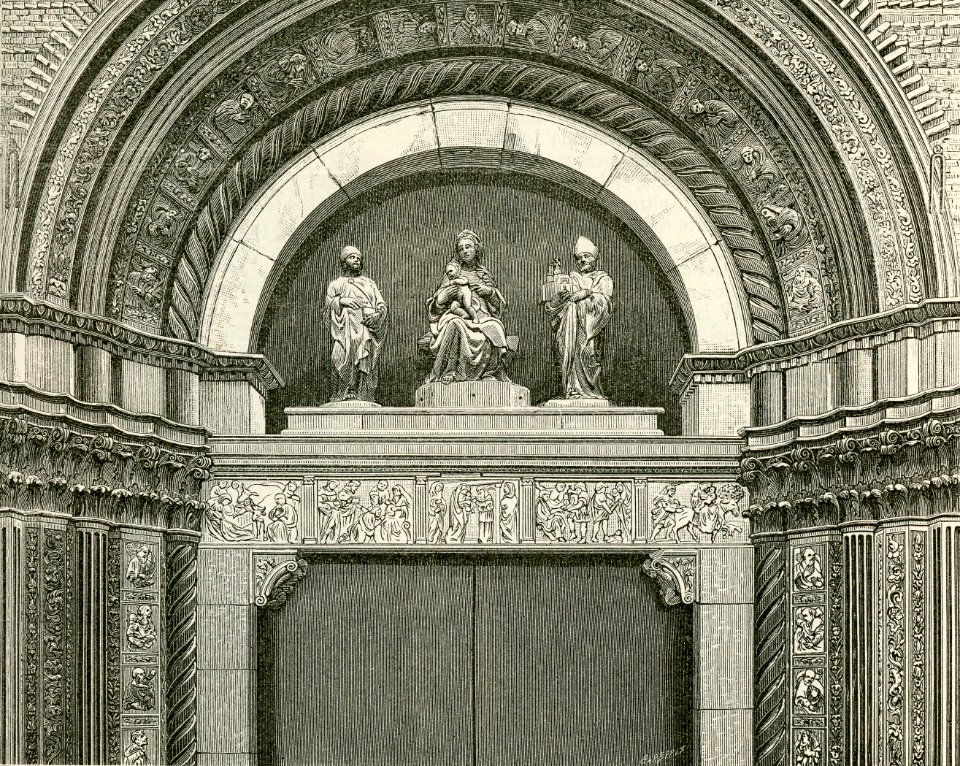 Bologna Basilica di San Petronio lunetta della porta maggiore xilografia
