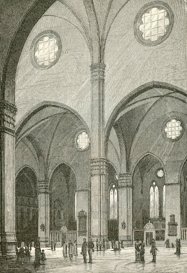 Bologna interno della Basilica di San Petronio xilografia