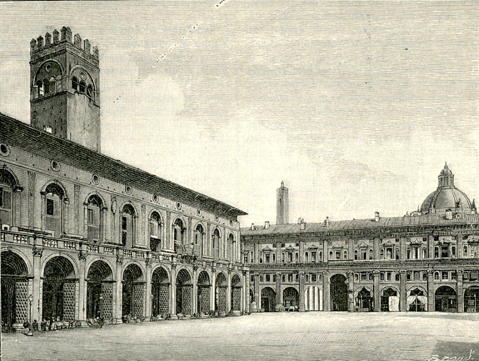 Bologna piazza Vittorio Emanuele xilografia