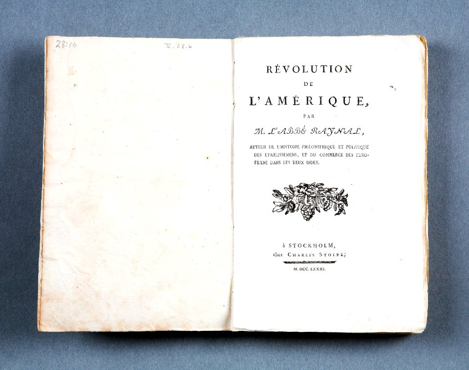 Boken Raynal, Revolution de l´Amerique tryckt 1781 - Skoklosters slott - 86146