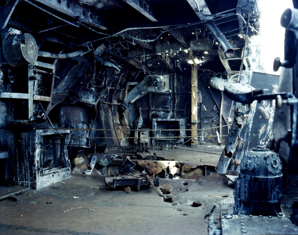 Bomb damage to the starboard quarter gun gallery aboard USS Enterprise (CV-6), in August 1942 (80-G-K-411)