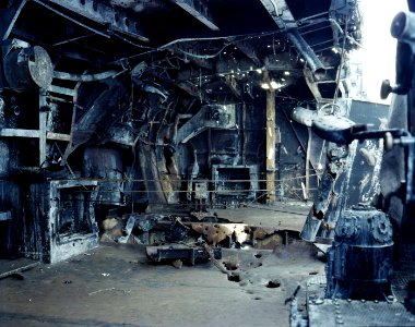 Bomb damage to the starboard quarter gun gallery aboard USS Enterprise (CV-6), in August 1942 (80-G-K-411)