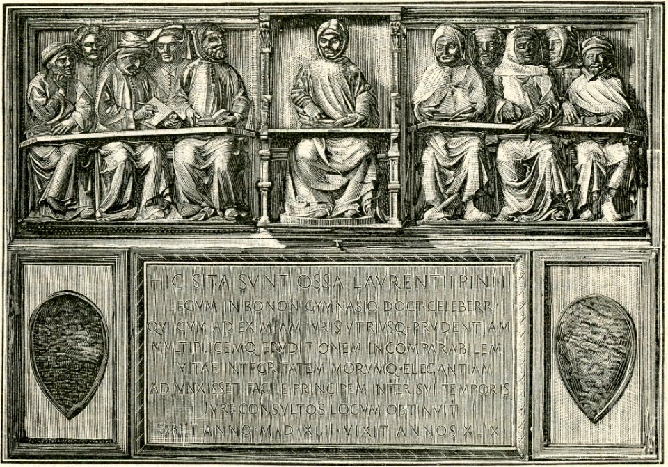 Bologna Cattedrale monumento al giureconsulto Lorenzo Pini xilografia