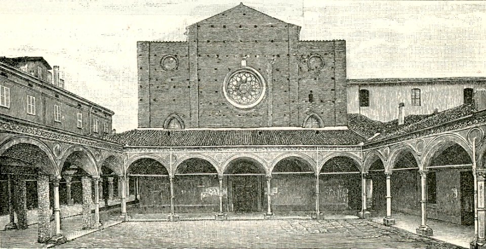 Bologna loggiato e chiesa di Santa Maria dei Servi xilografia