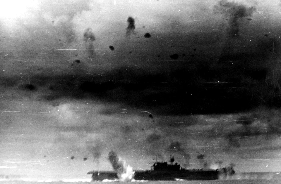 Bomb explodes near USS Enterprise (CV-6) during the Battle of Santa Cruz Islands, 26 October 1942 (80-G-30202)