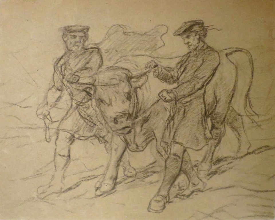 Two Men with Bull by Rosa Bonheur, black chalk, Columbus Museum of Art