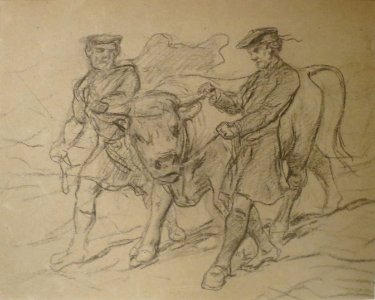 Two Men with Bull by Rosa Bonheur, black chalk, Columbus Museum of Art