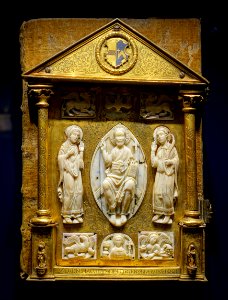 Book cover with evangelists, Köln, ivory from 1150-1175, surround c. 1580, walrus tooth, gilt copper, enamel - Hessisches Landesmuseum Darmstadt - Darmstadt, Germany - DSC00257 photo