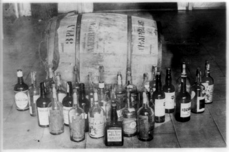 Bottles and barrel of confiscated whiskey LCCN89706120