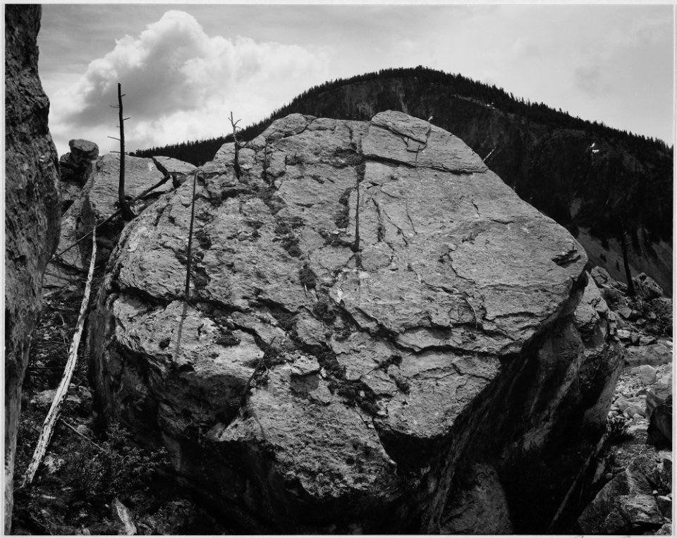 Boulder with hill in background, Rocks at Silver Gate, Yellowstone National Park, Wyoming., 1933 - 1942 - NARA - 519997