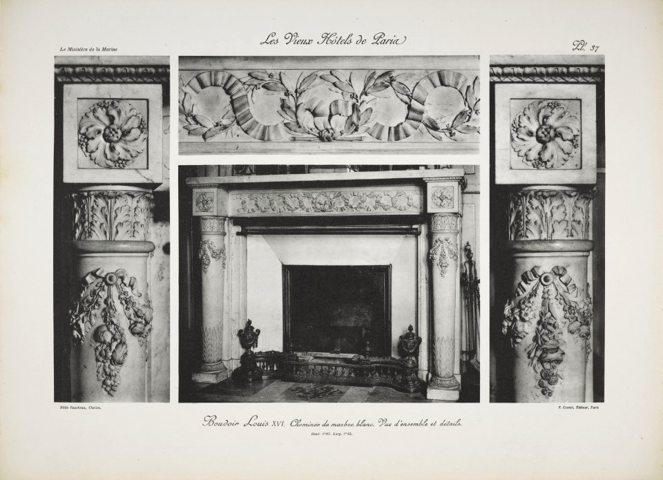Boudoir Louis XVI. Cheminée de marbre blanc. vue d'ensemble et détails (jlpw15 0763)