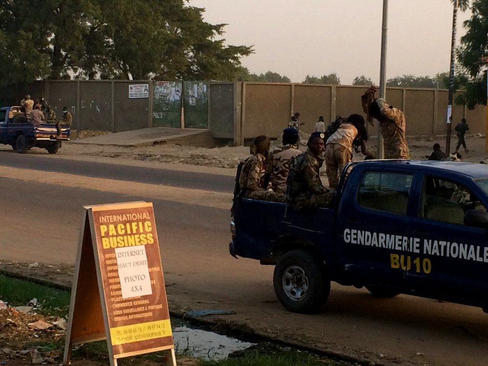 Chadian gendarmes in front of the municipal stadium of the 7th district of N'Djamena, 2016