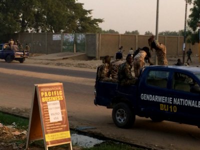Chadian gendarmes in front of the municipal stadium of the 7th district of N'Djamena, 2016 photo