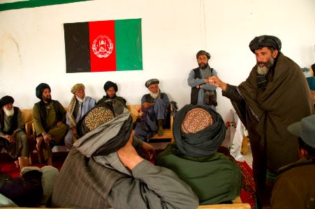 Chahar Asab village elders discuss village improvement projects during development shura 120318-N-JC271-273