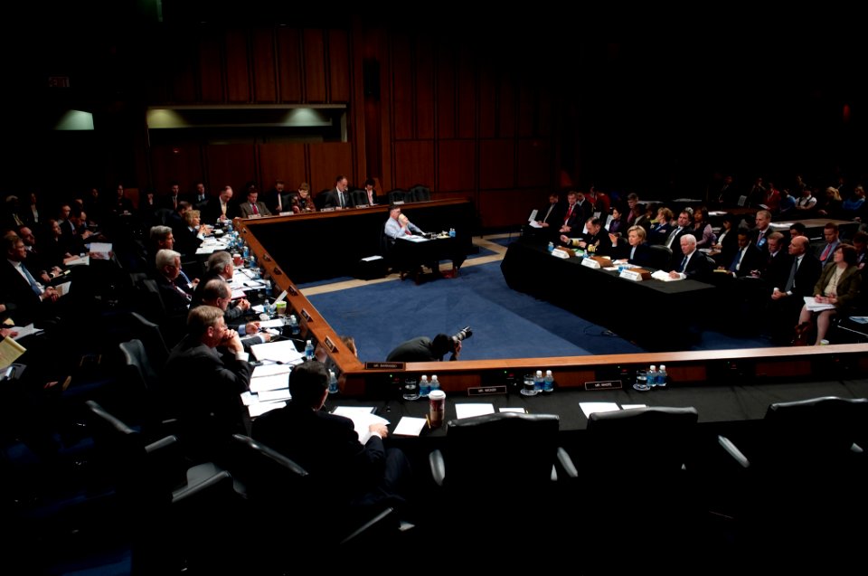 Chairman of the Joint Chiefs of Staff Navy Adm. Mike Mullen, U.S. Secretary of State Hillary Rodham Clinton and Secretary of Defense Robert M. Gates testify in front of the U.S. Senate Committee on Foreign 091203-N-TT977-161