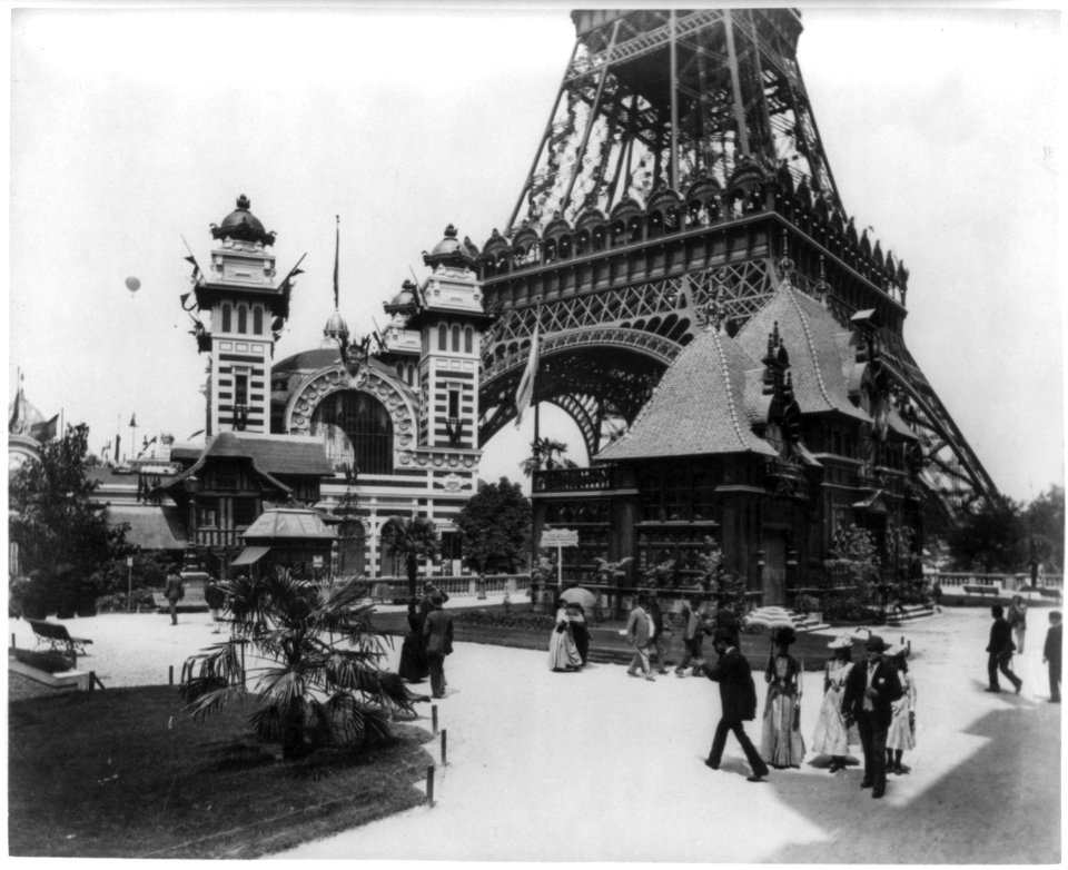Chalet Simard, Pavilion of Bolivia, and the Pavilion of Nicaragua, with base of the Eiffel Tower, and in the far background, a hot air balloon, Paris Exposition, 1889 LCCN92520827