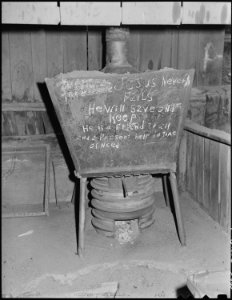 Chalk written sign on sand dryer. P V & K Coal Company, Clover Gap Mine, Lejunior, Harlan County, Kentucky. - NARA - 541291