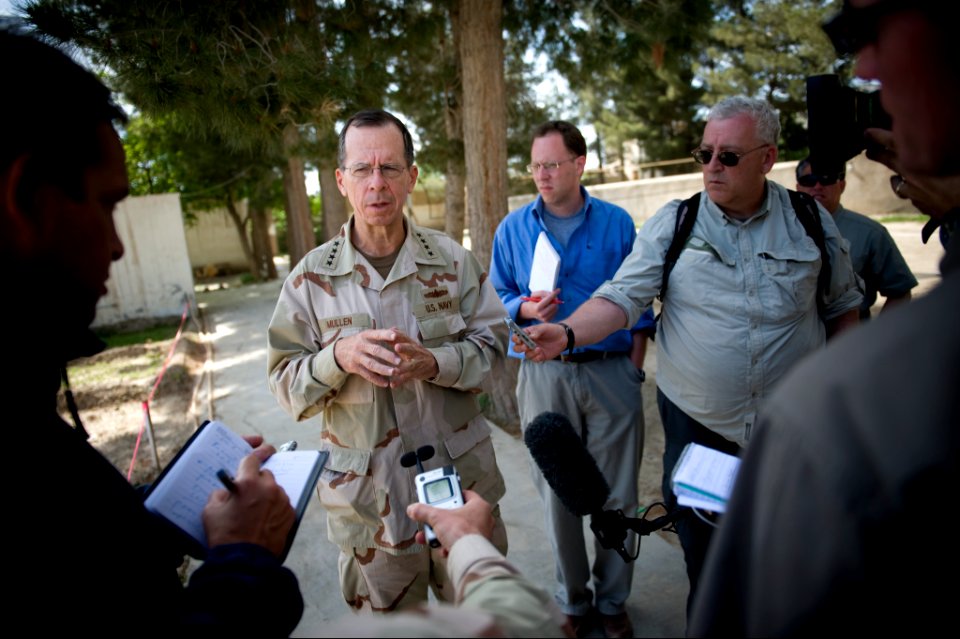Chairman of the Joint Chiefs of Staff Navy Adm. Mike Mullen addresses the traveling media after a meeting with Zabul provincial governor Mohammad Ashraf Naseri, April 24, 2009, at Forward Operating Base Walton 090424-N-TT977-341