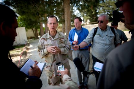 Chairman of the Joint Chiefs of Staff Navy Adm. Mike Mullen addresses the traveling media after a meeting with Zabul provincial governor Mohammad Ashraf Naseri, April 24, 2009, at Forward Operating Base Walton 090424-N-TT977-341