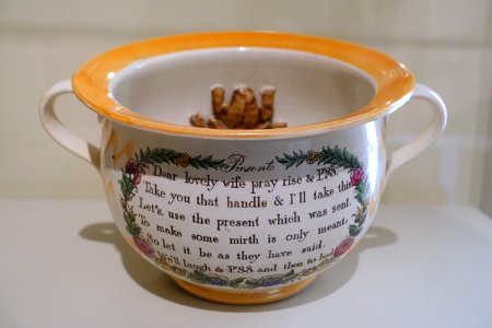 Chamber pot with frog, England, c. 1830-1850, earthenware, view 1 - Concord Museum - Concord, MA - DSC05887 photo