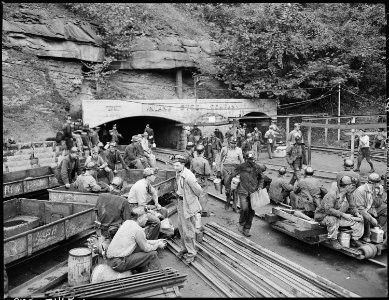 Changing shifts at the mine portal in the afternoon. Inland Steel Company, Wheelwright ^1 & 2 Mines, Wheelwright... - NARA - 541446 photo