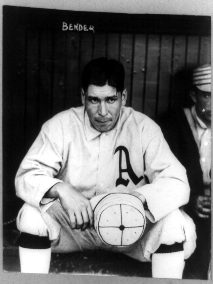 Charles Albert (Chief) Bender, of the Philadelphia Athletics baseball team, three-quarter length portrait, seated, facing forward LCCN89714132