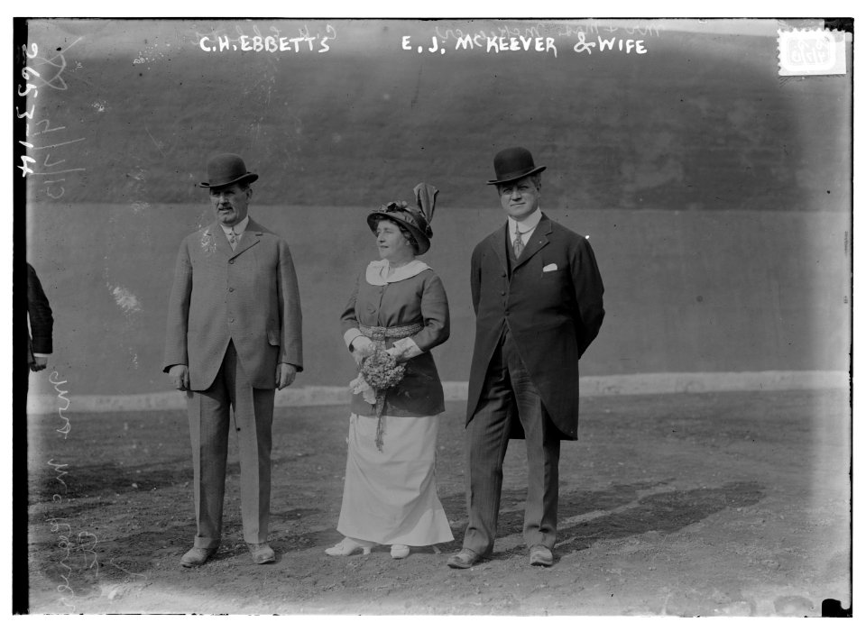 Charles H. Ebbets (right) and Edward J. McKeever (left), co-owners of Brooklyn NL, with Mrs. McKeever (Jennie Veronica McKeever) (baseball) LCCN2014692698