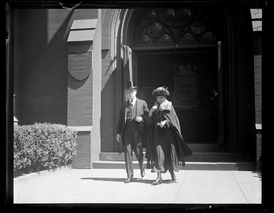 Charles Evans Hughes and wife leaving Calvary Baptist Church LCCN2016891344