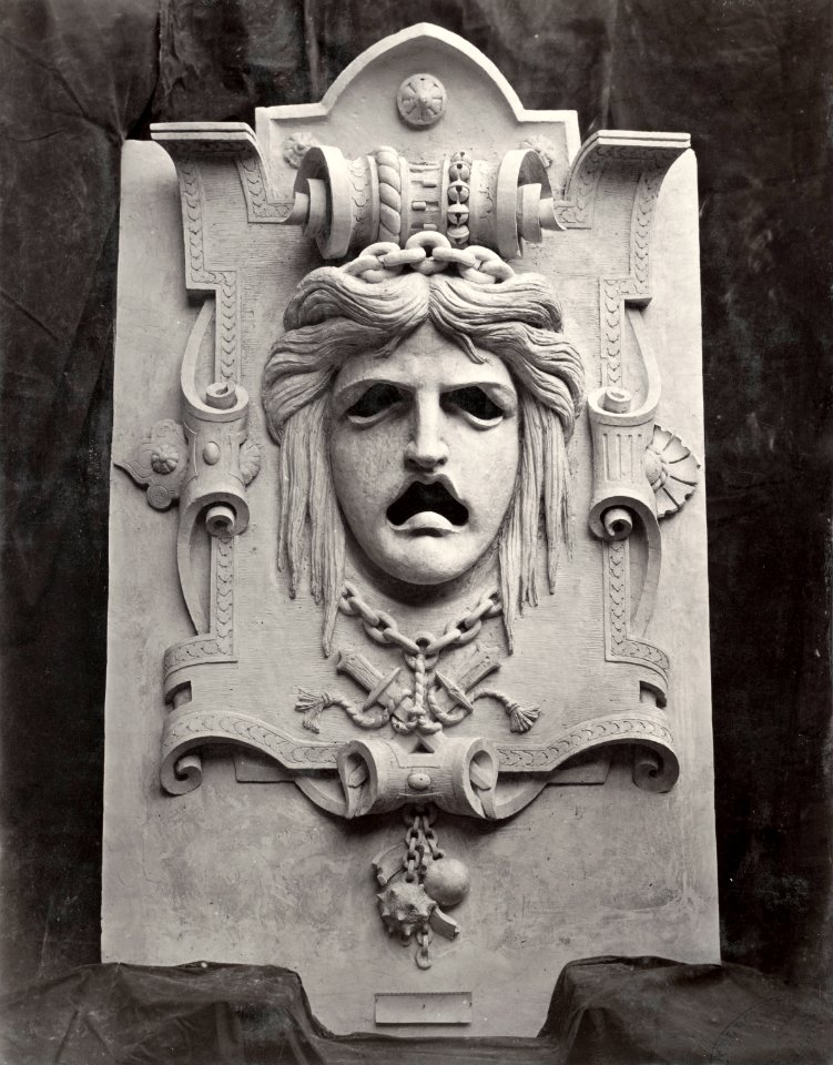 Charles Marville, Théâtre du Vaudeville - stone tragic mask, ca. 1853–70