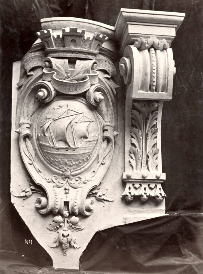 Charles Marville, Théâtre du Vaudeville - coat of arms of Paris, ca. 1853–70