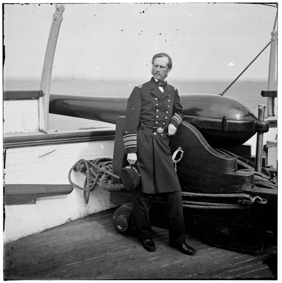 Charleston Harbor, South Carolina. Rear Adm. John A. Dahlgren standing by a Dahlgren gun on deck of U.S.S. PAWNEE LOC cwpb.02991
