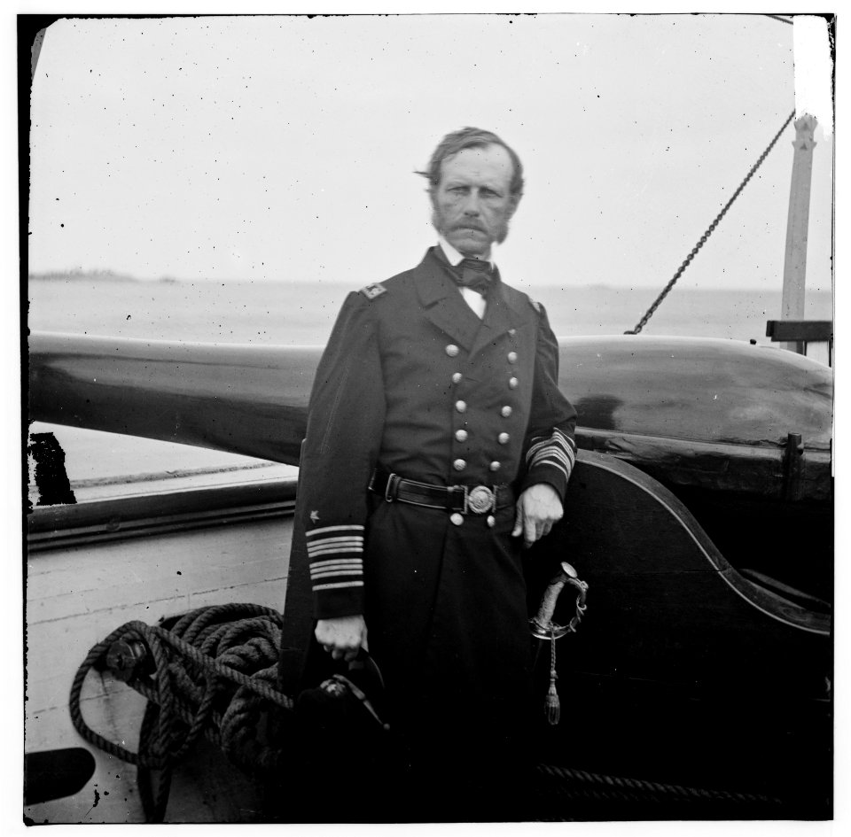 Charleston Harbor, South Carolina. Rear Adm. John A. Dahlgren standing by a Dahlgren gun on deck of U.S.S. PAWNEE LOC cwpb.02986