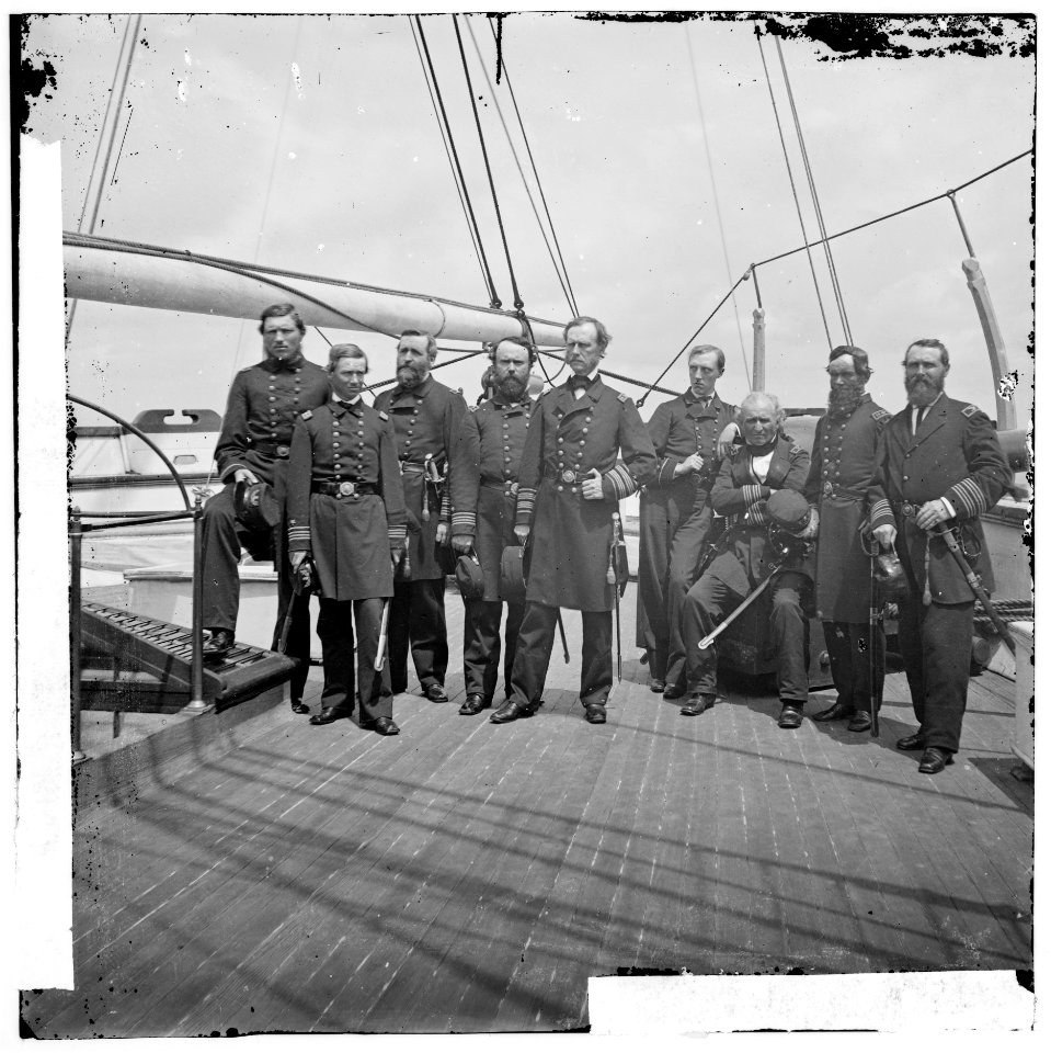 Charleston Harbor, S.C. Rear Admiral John A. Dahlgren (fifth from left) and staff aboard U.S.S. Pawnee LOC cwpb.02979