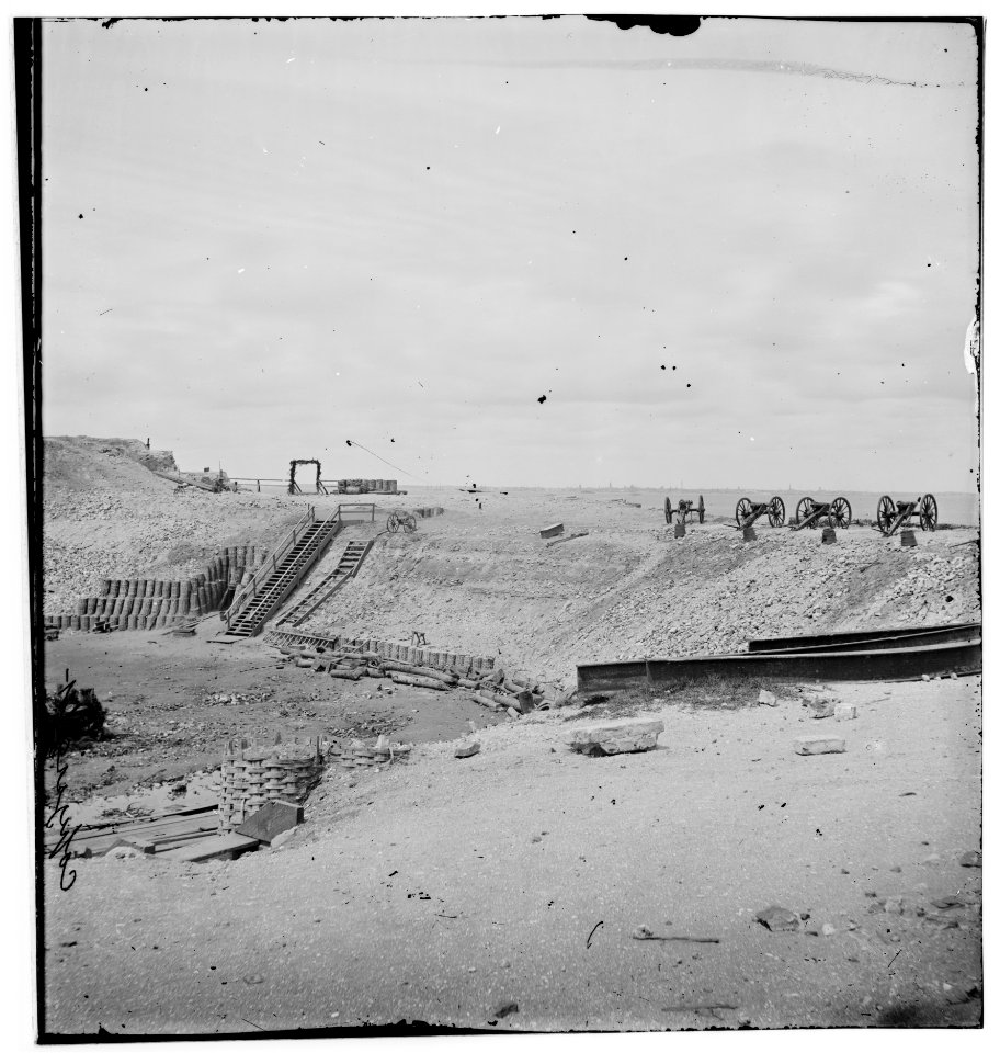 Charleston, South Carolina. Interior view of Fort Sumter on the occasion of the raising of the old flag. (Four field guns on parapet) LOC cwpb.02456