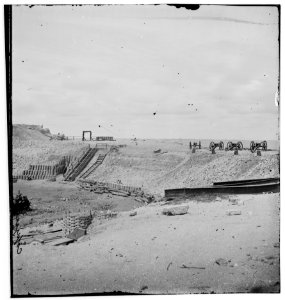 Charleston, South Carolina. Interior view of Fort Sumter on the occasion of the raising of the old flag. (Four field guns on parapet) LOC cwpb.02456