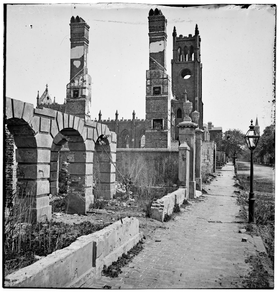 Charleston, South Carolina. Broad street, looking east with the ruins of Cathedral of St. John and St. Finbar LOC cwpb.02400