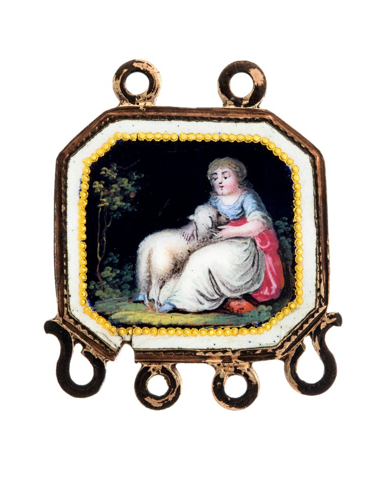 Chatelaine, del av, av guld och emalj med motiv av kvinna och lamm, 1700-tal - Hallwylska museet - 110363