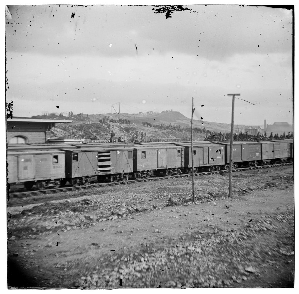 Chattanooga, Tenn. Boxcars and depot with Federal cavalry guard beyond LOC cwpb.02123