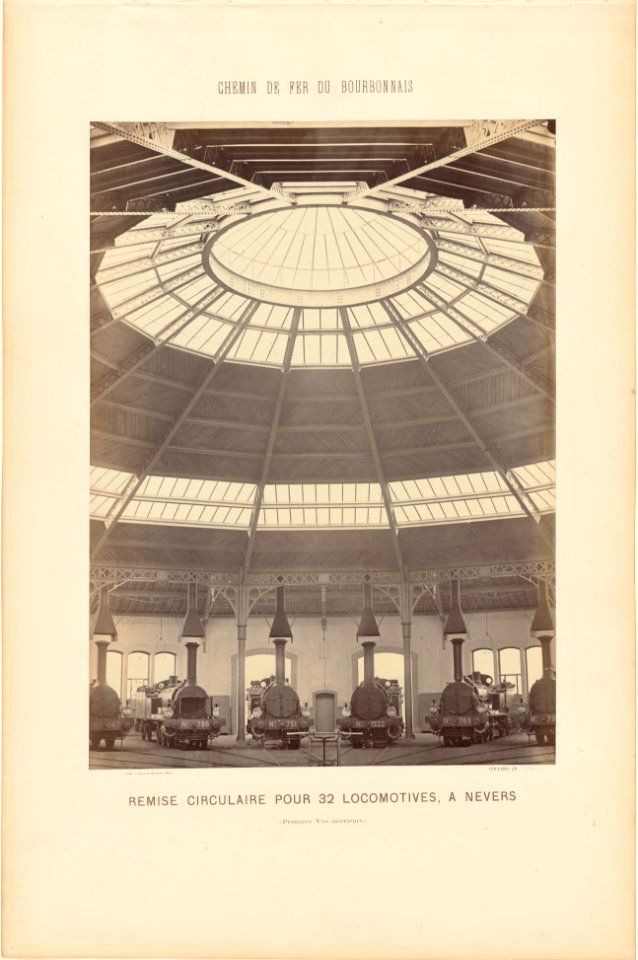 Chemin de Fer du Bourbonnais. Moret-Nevers-Vichy. 1860 - 1863. - 28 - Remise circulaire pour 32 Locomotives, à Nevers (Premiére Vue intérieure)