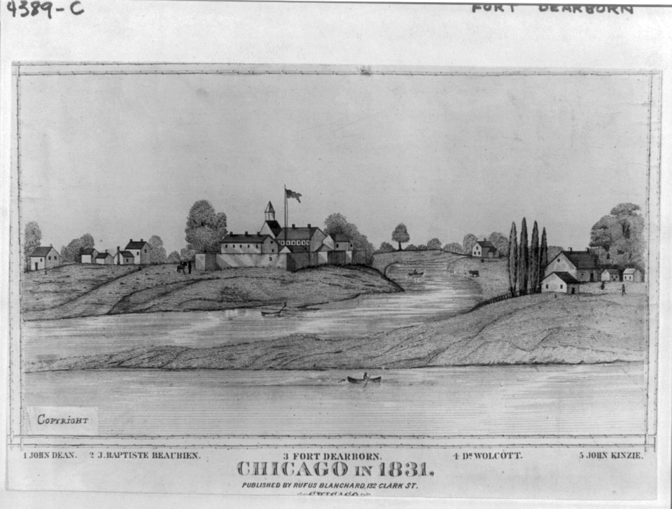Chicago in 1831, with views of Fort Dearboarn and homes of John Dean, J. Baptiste Beaubien, Dr. Wolcott and John Kinzie LCCN2004680484