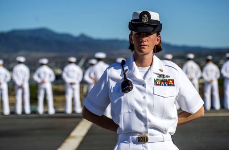 Chief Hospital Corpsman Kona Wilson mans the rails aboard the Military Sealift Command hospital ship USNS Mercy (T-AH 19) for Pacific Partnership 2015