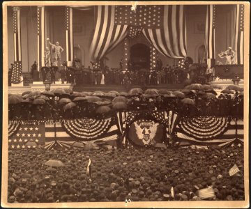 Chief Justice Melville W. Fuller administering the oath of office to Benjamin Harrison on the east portico of the U.S. Capitol, March 4, 1889 LCCN00650946