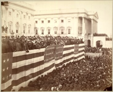 Chief Justice Morrison R. Waite administering the oath of office to James A. Garfield on the east portico of the U.S. Capitol, March 4, 1881) - G. Prince Photo LCCN00650940