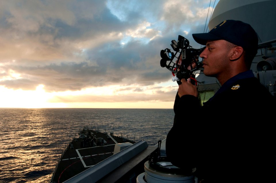 Chief Gunner's Mate Terrance G. Wright uses a stadimeter to check bearings (8591484395)