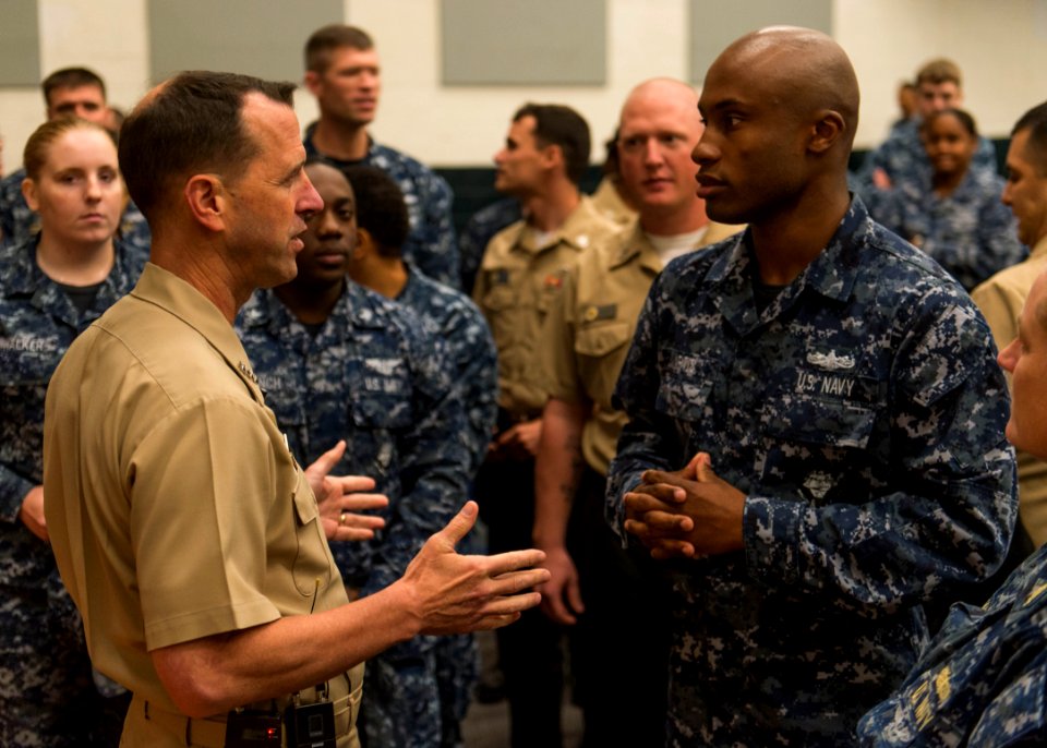 Chief of Naval Operations (CNO) Adm. John Richardson speaks with Sailors after an all-hands call. (21640574062)