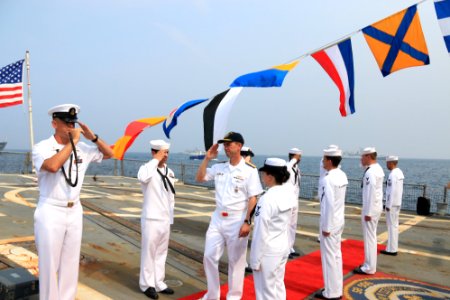 Chief of Naval Operations Adm. John Richardson visits the Arleigh Burke-class guided missile destroyer USS McCampbell (DDG 85) during India's International Fleet Review (IFR) 2016