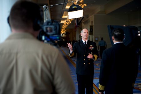 Chief of Naval Operations Adm. Jonathan Greenert is interviewed about the importance of the Navy League's Sea-Air-Space Exposition in National Harbor, Md., April 8, 2013 130408-N-WL435-499